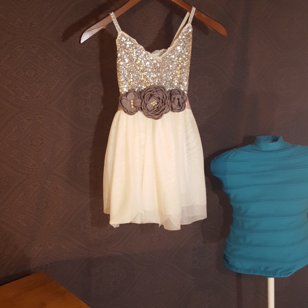 Silver and white formal dress.